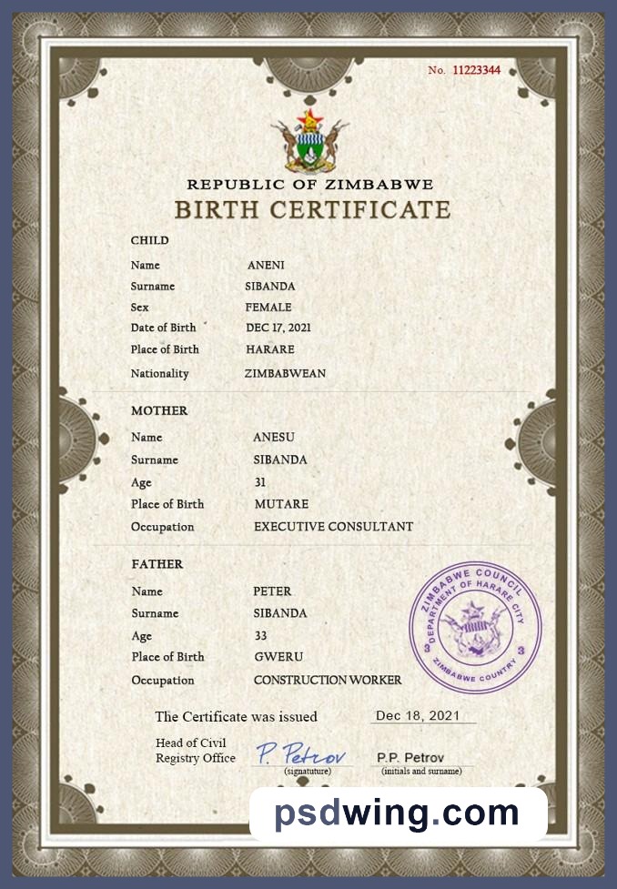 Zimbabwe Vital Record Birth Certificate PSD Template